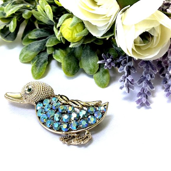 Vintage CORO Rhinestone Duck Brooch Gold Tone Mid-Century - Picture 5 of 5